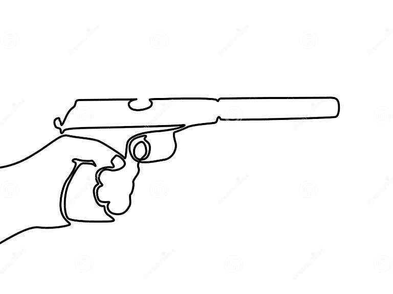 Continuous Line Drawing Hand Holding Gun with Silencer. Stock Vector
