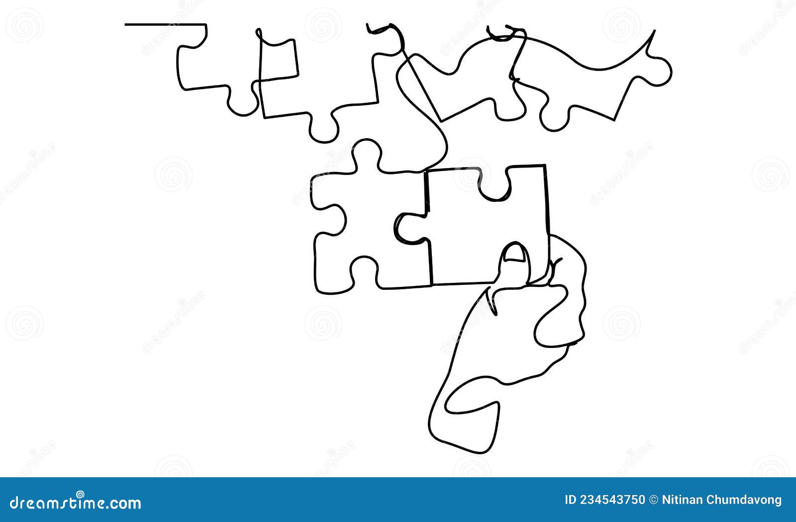 Continuous Line Drawing of Hands Solving Jigsaw Puzzle Stock Vector