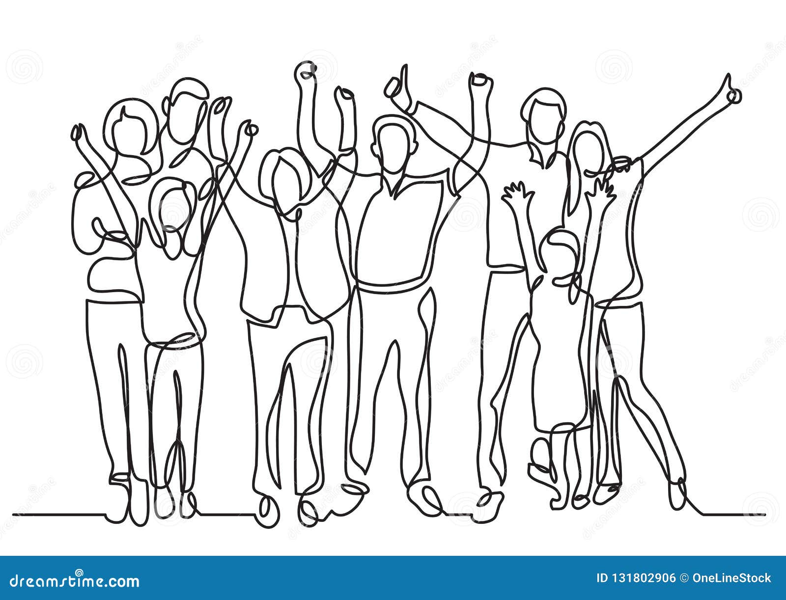 Continuous Line Drawing Of Happy Big Family Cheering Stock Vector