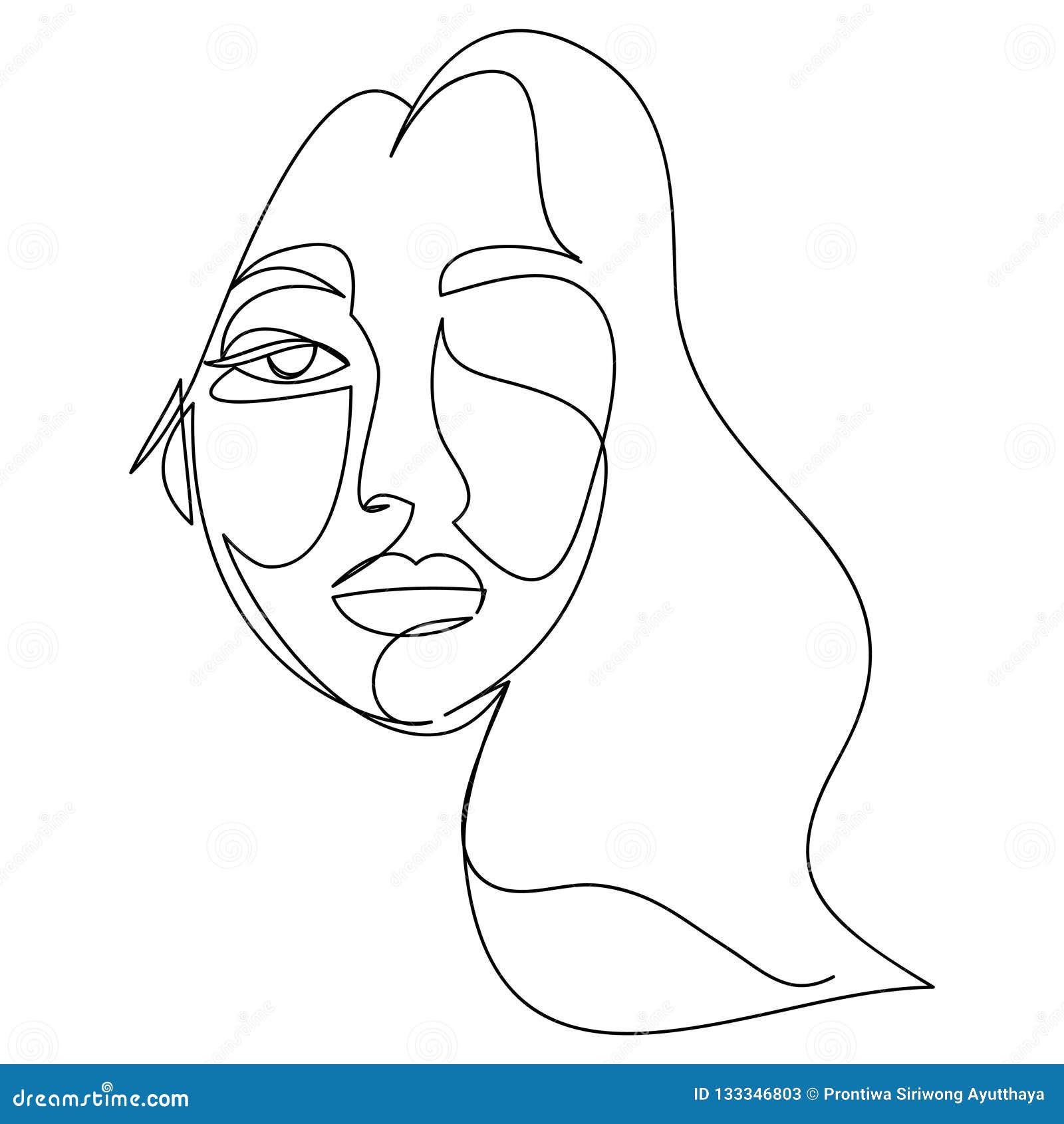 Continuous Line, Drawing Of Set Faces And Hairstyle