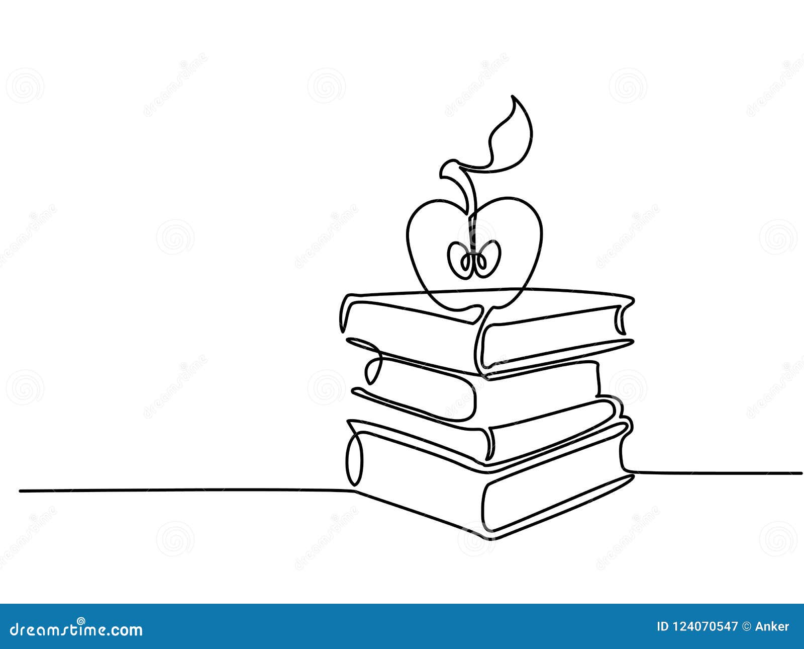 continuous line drawing. stack of books with apple