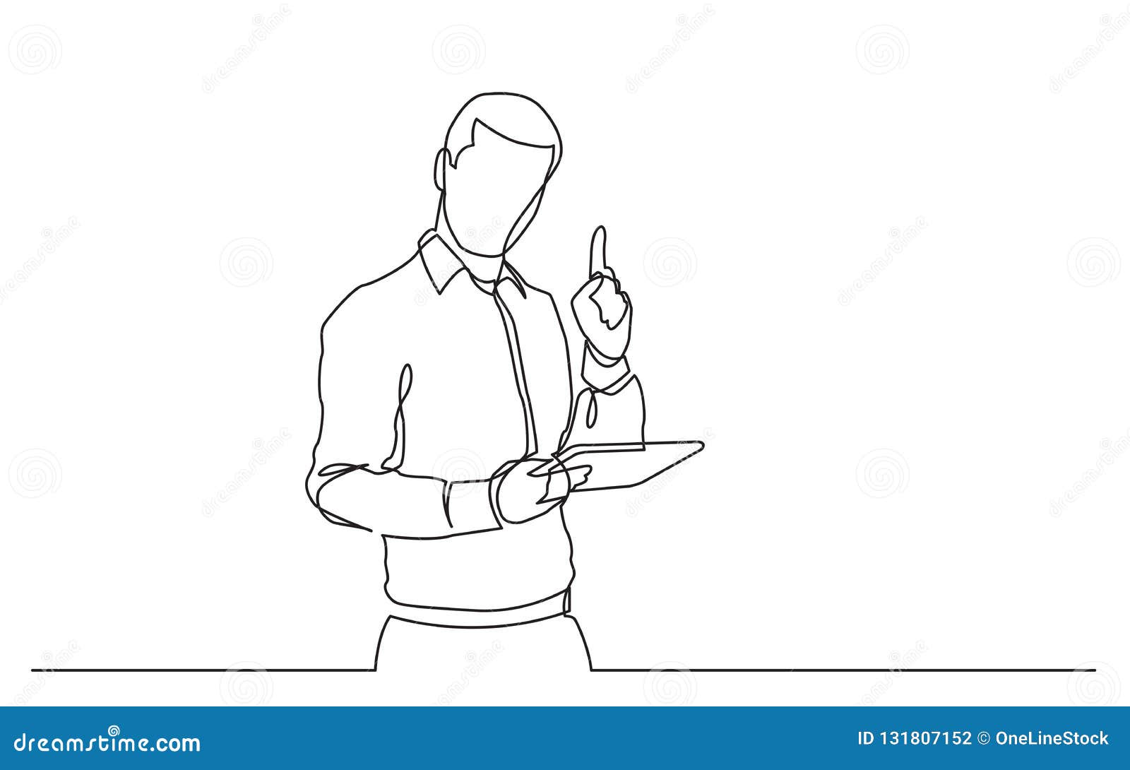 Continuous Line Drawing Of Standing Man With Tablet Pointing Finger