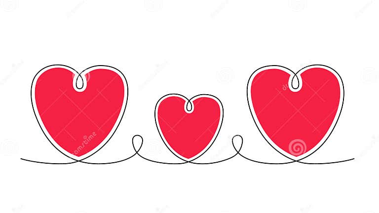 Continuous Line Drawing of Three Hearts Vector Illustration Stock