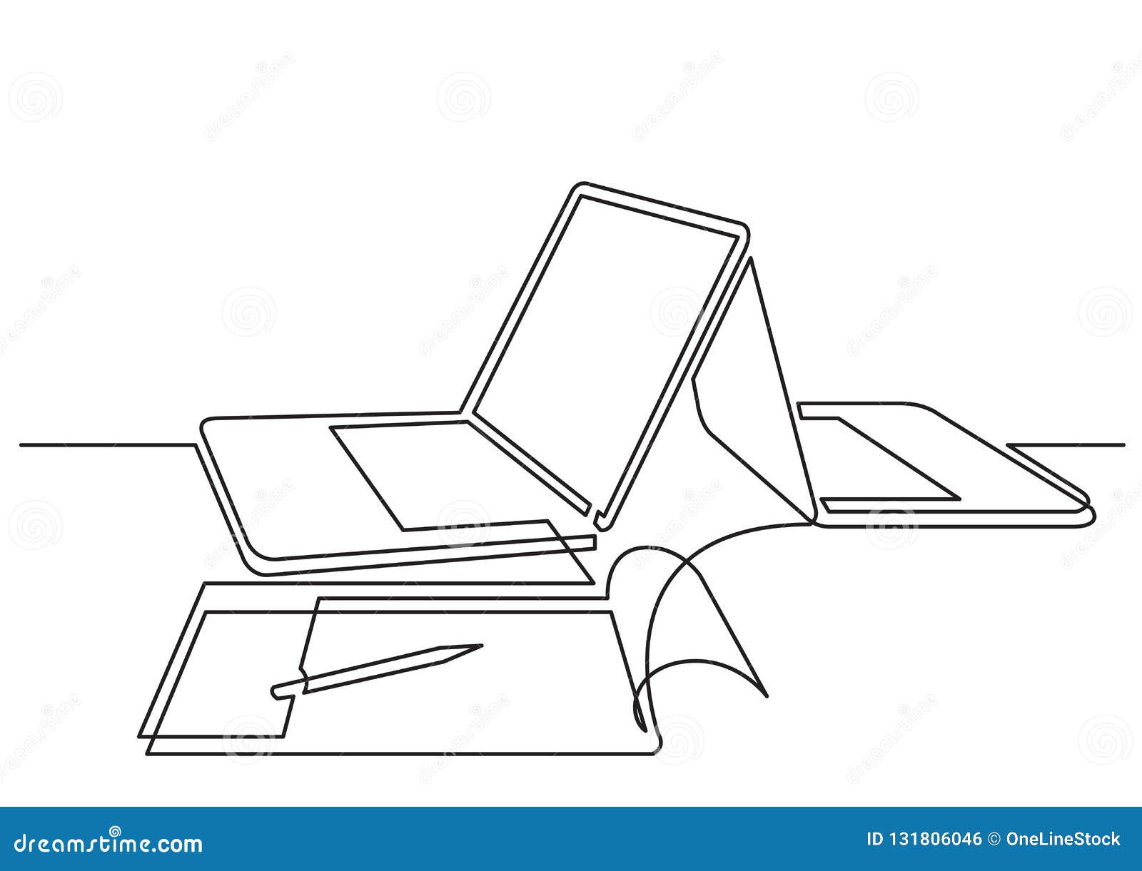 Continuous Line Drawing of Two Laptop Computers and Notepad Stock