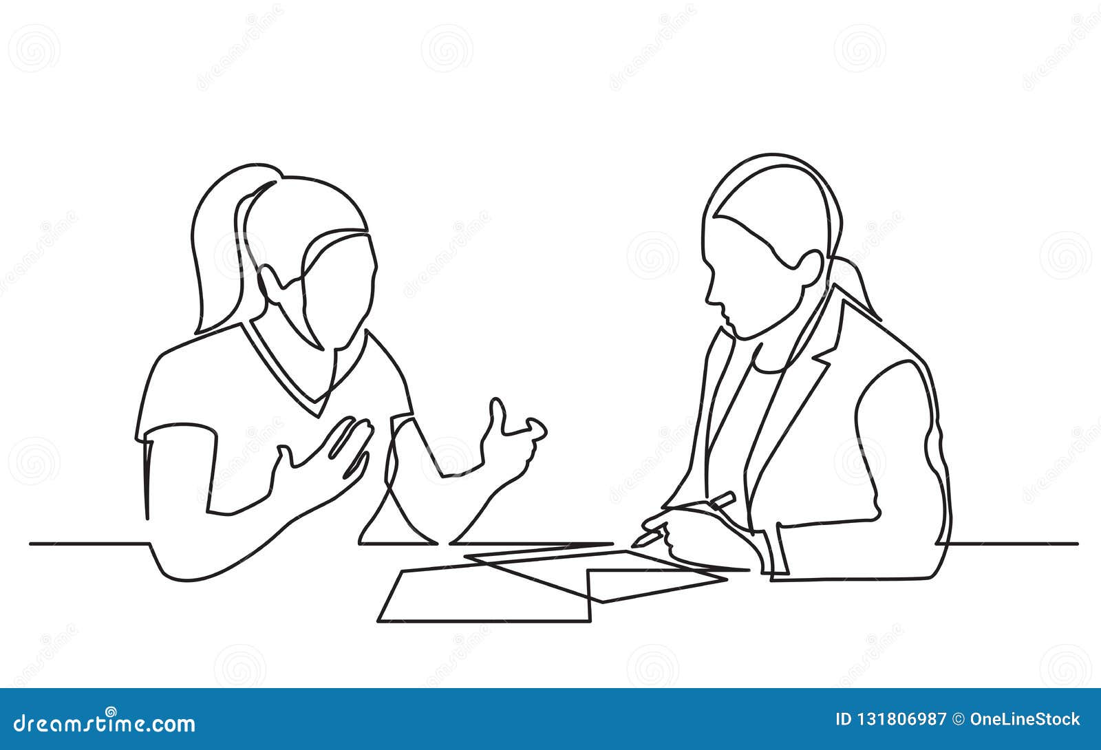 continuous line drawing of two women discussing signing paperworks