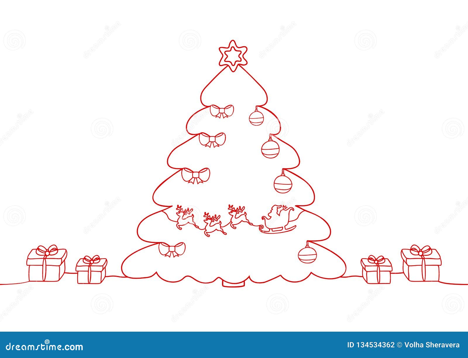continuous line drawing of a christmas holiday, santa claus on a sleigh, deer, christmas tree and toys, snowflakes, gifts.