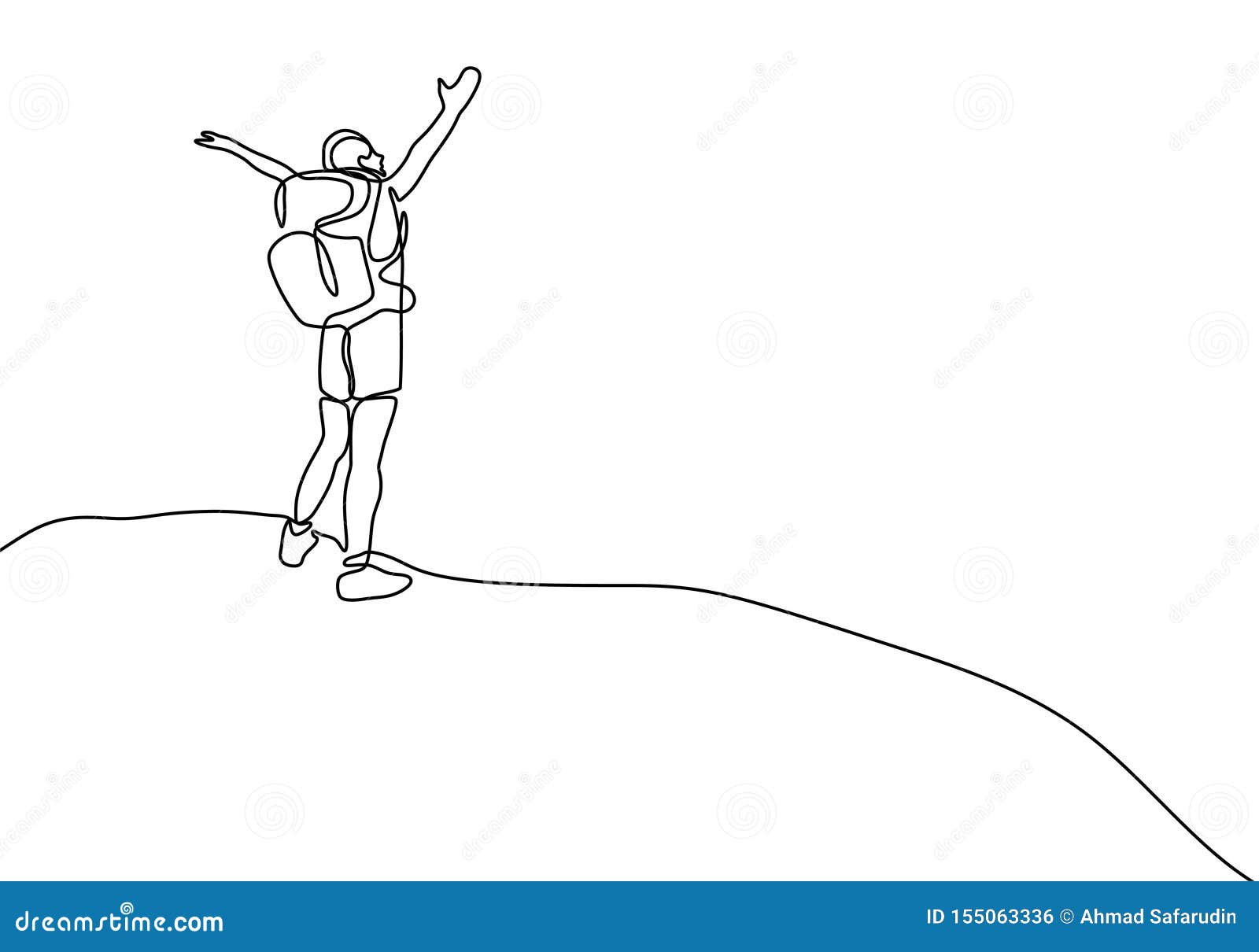 continuous line drawing of winner man on mountain peak. climber on mountain top silhouette. victory . template for your