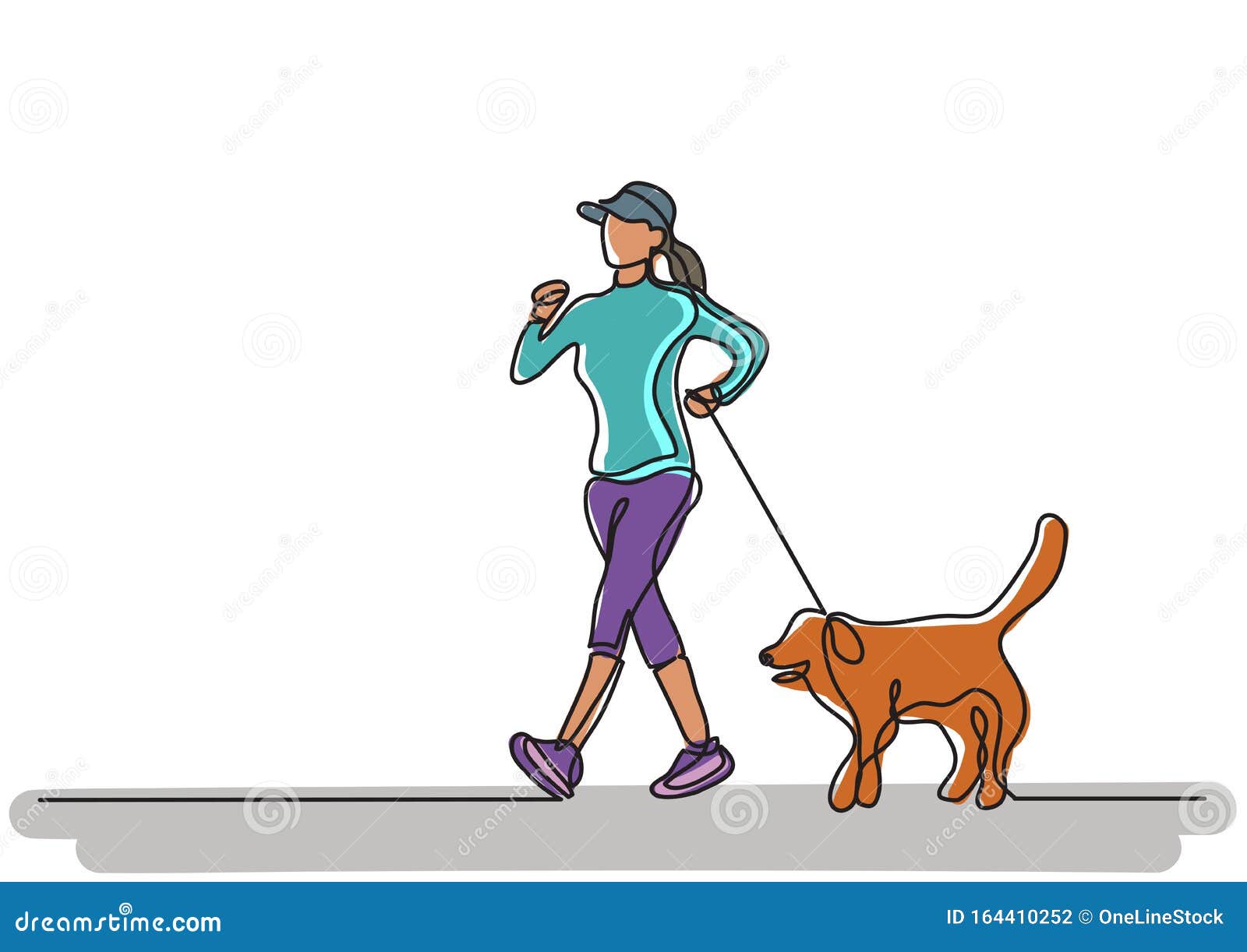 Continuous Line Drawing of Woman Walking Exercise with Dog Stock Vector