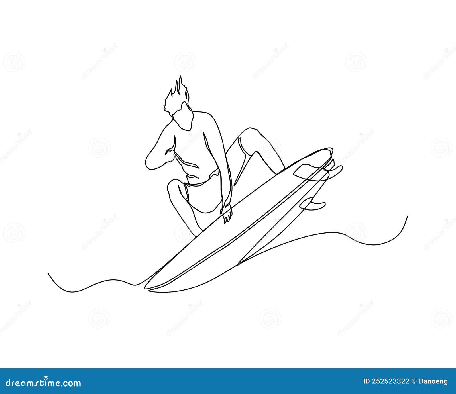 Continuous Line of Surfer and Waves. Surfing in Sea Hand Drawn