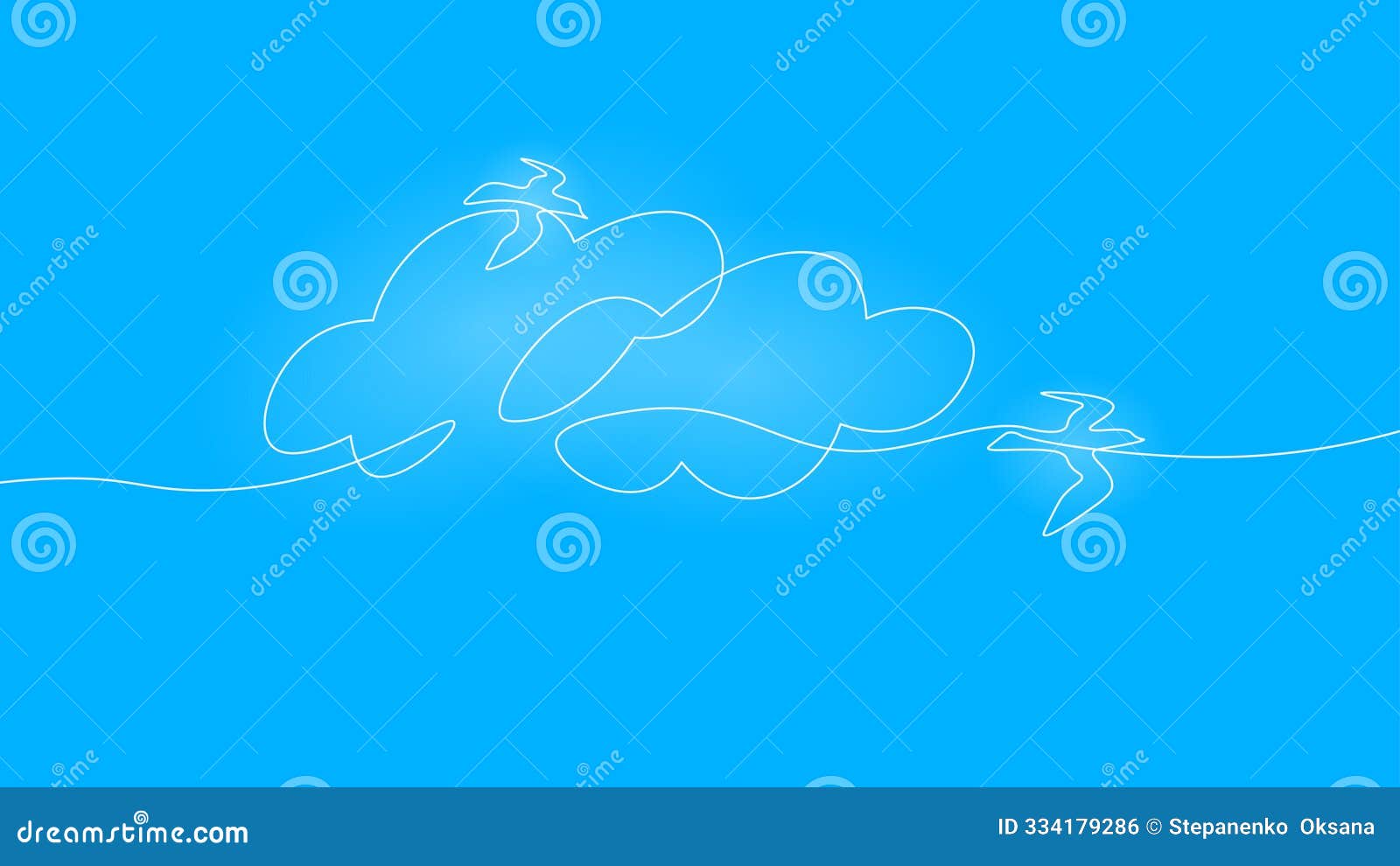 continuous one line art cloud sky and birds. nature peaceful landscape. hand drawn sketch monochrome 