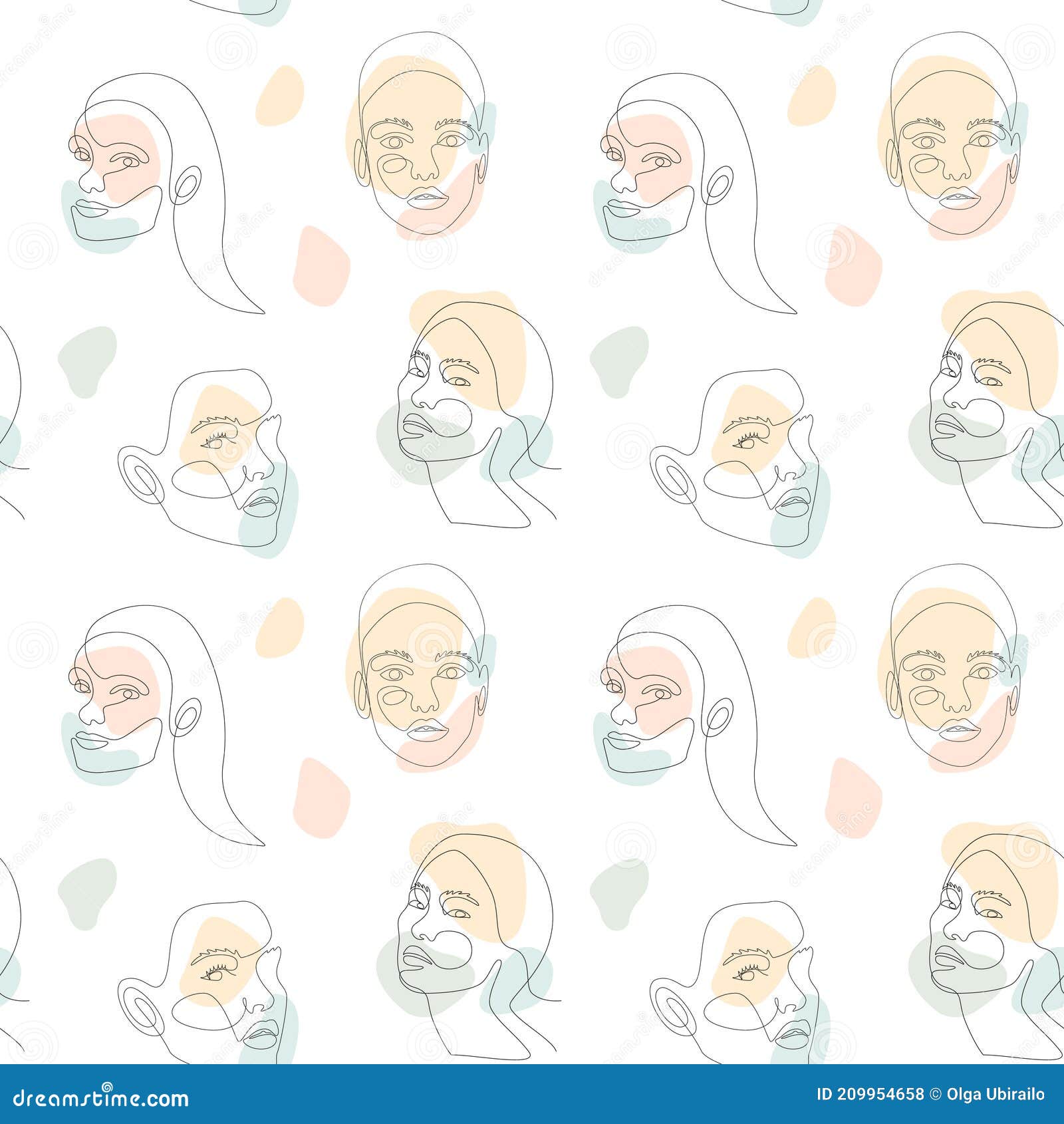 continuous one line art woman face with abstract color s background. modern seamless pattern. hand drawn