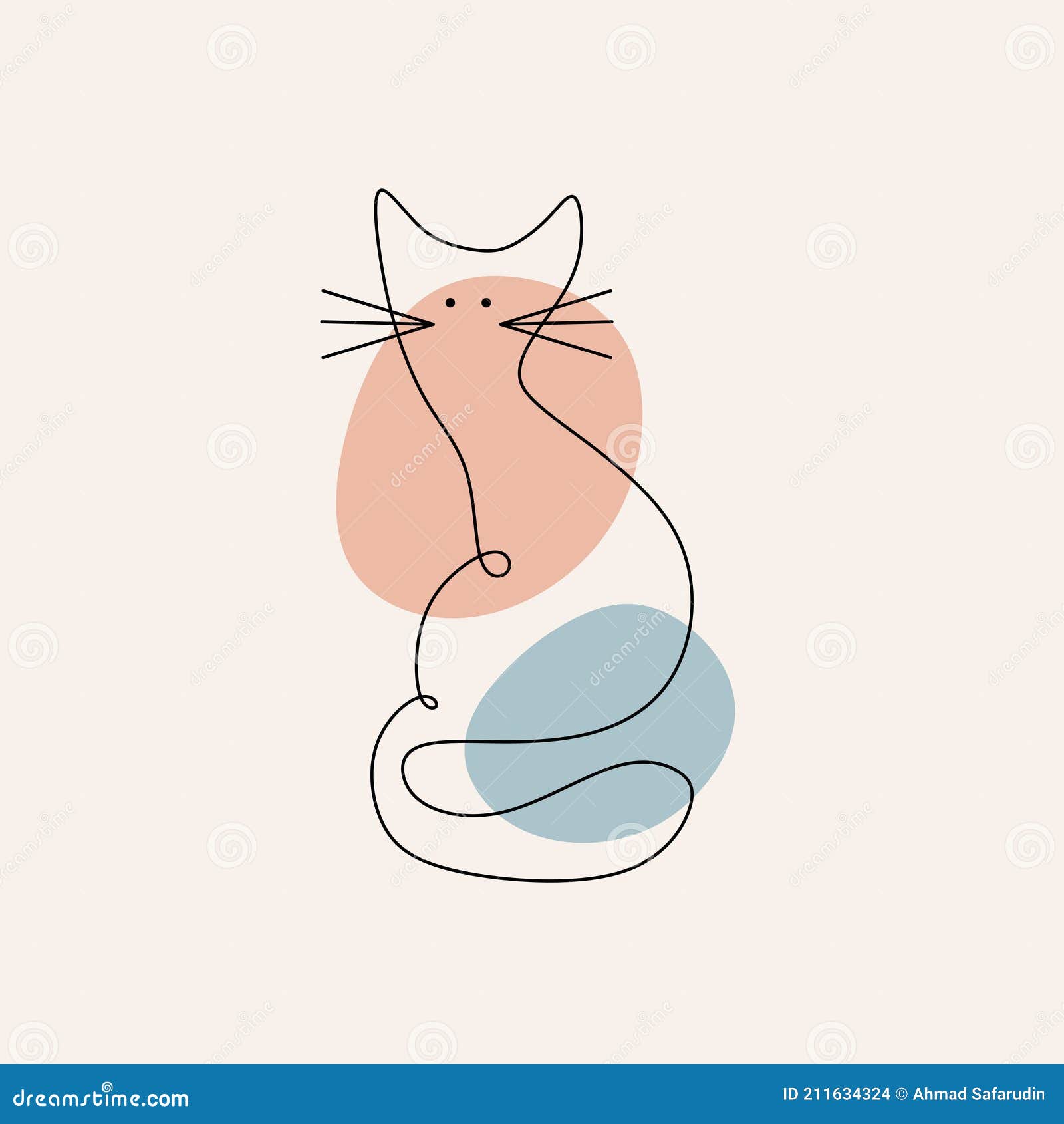 Continuous One Line Drawing of Abstract Cat in Blue and Pink Color