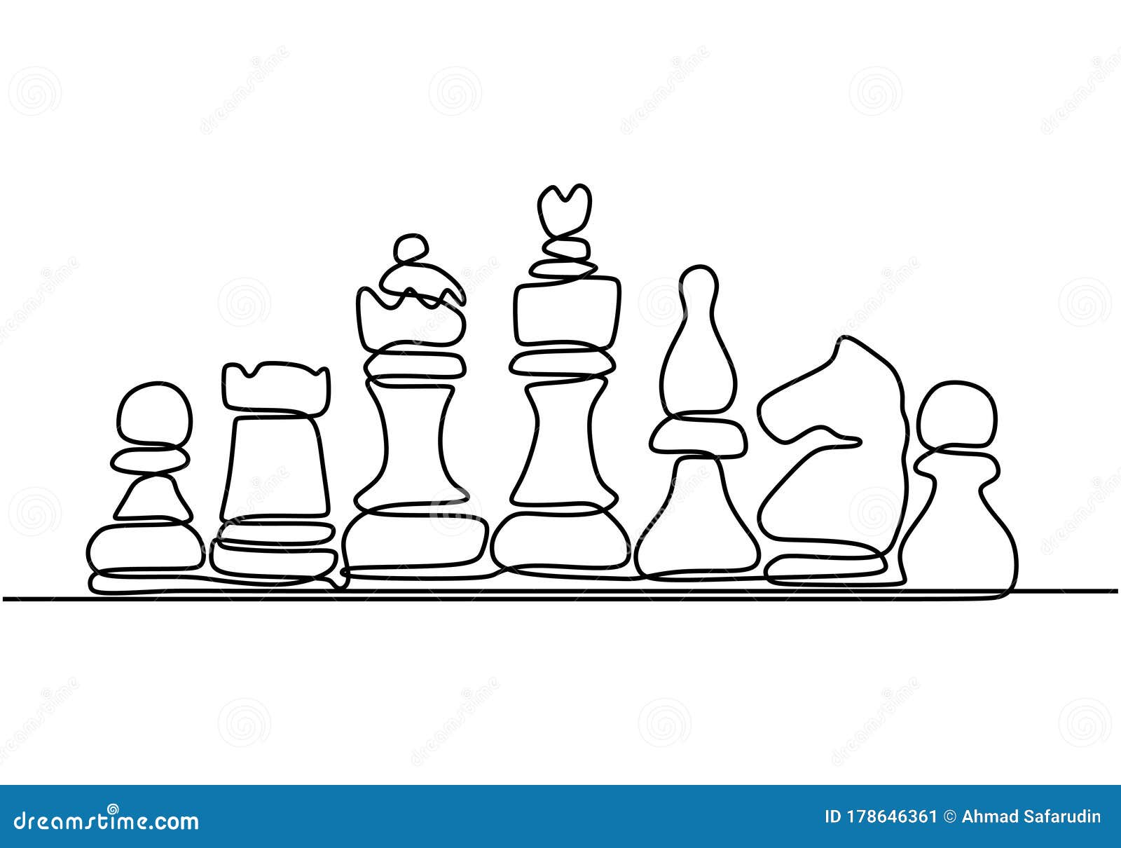 Continuous one line drawing of chess pieces. King queen chess board setup.  Group of players tactic concept. Vector illustration Stock Vector