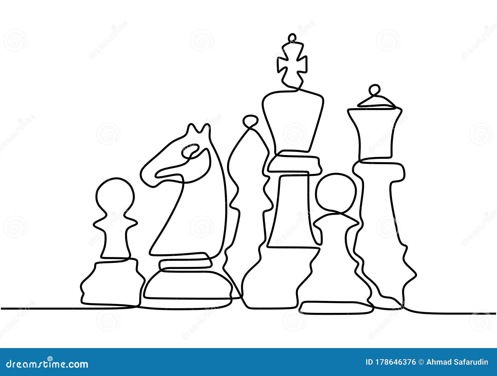 Continuous One Line Drawing of Chess Pieces. King Queen Chess