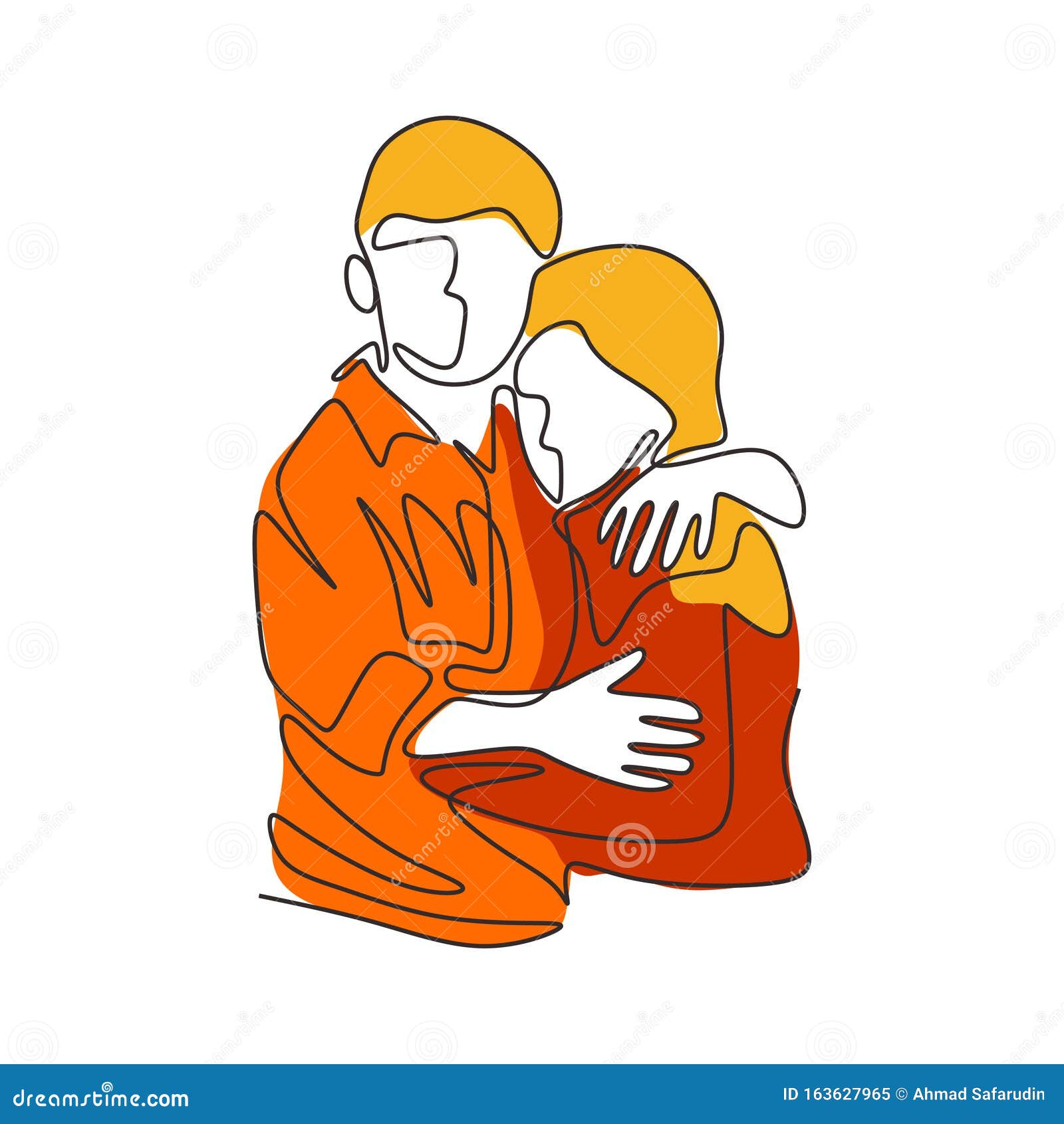 Continuous line drawing of couple hug. Cute and romantic man and woman in  love. Minimalism sketch vector illustration. Stock Vector