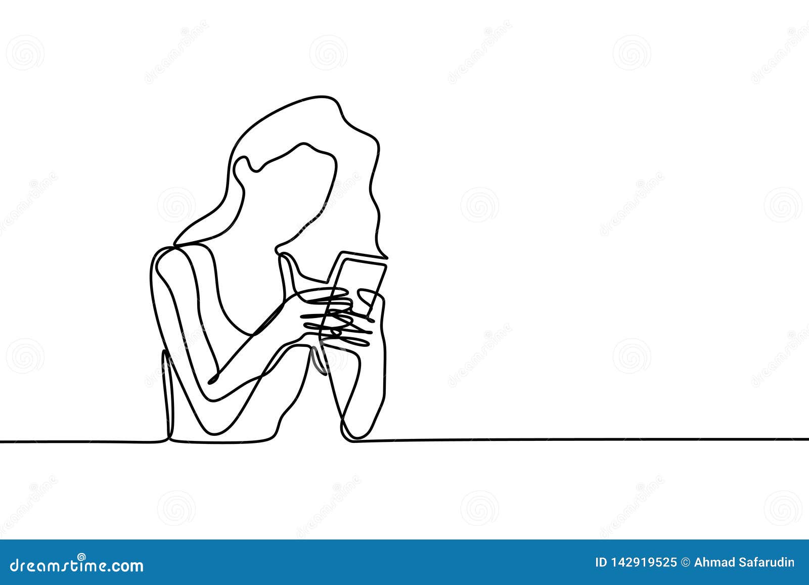 Continuous One Line Drawing Of Girl Playing And Using