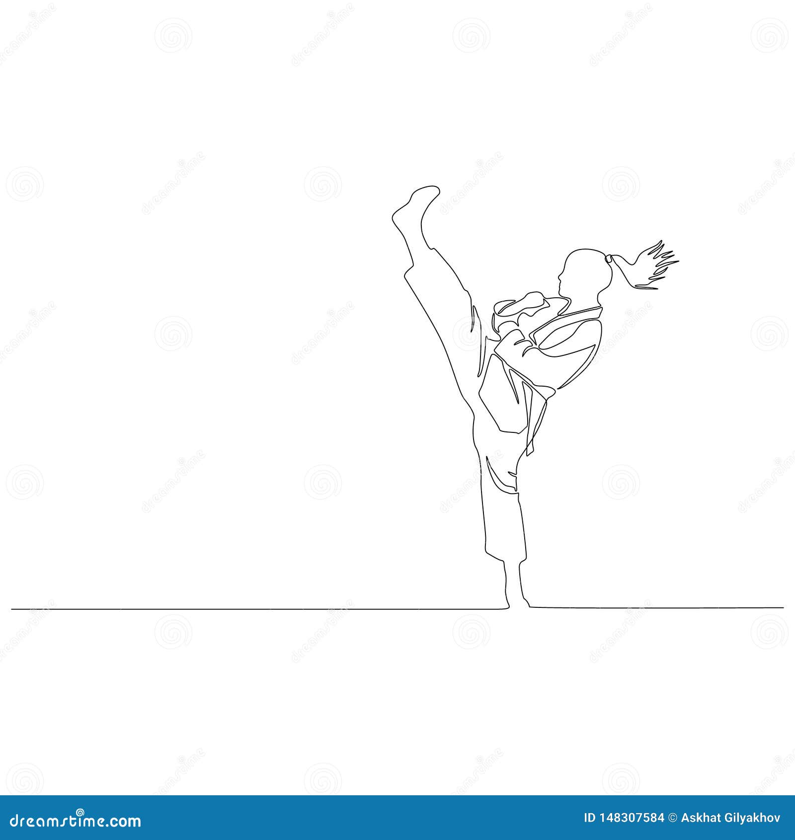 Continuous One Line Drawing Karate Girl High Kick. Vector Illustration