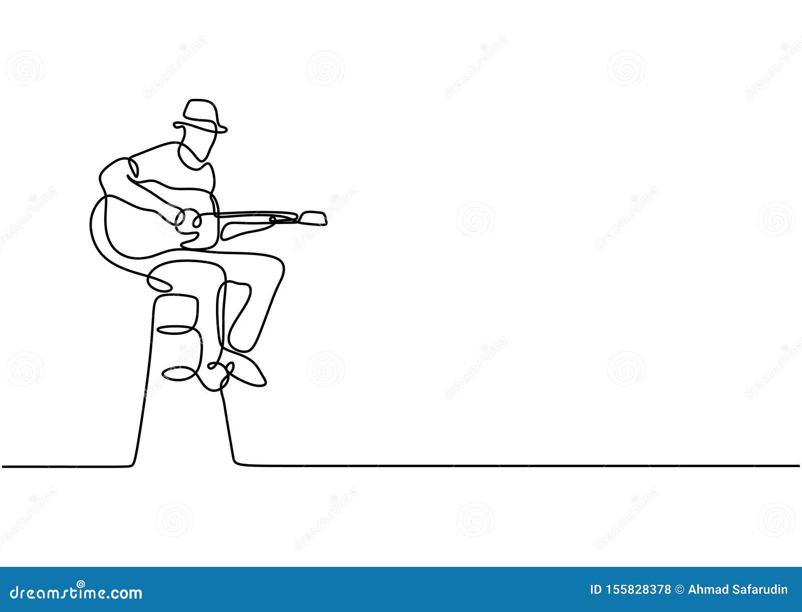 Continuous One Line Drawing of a Man with Acoustic Guitar Sit on Chair ...