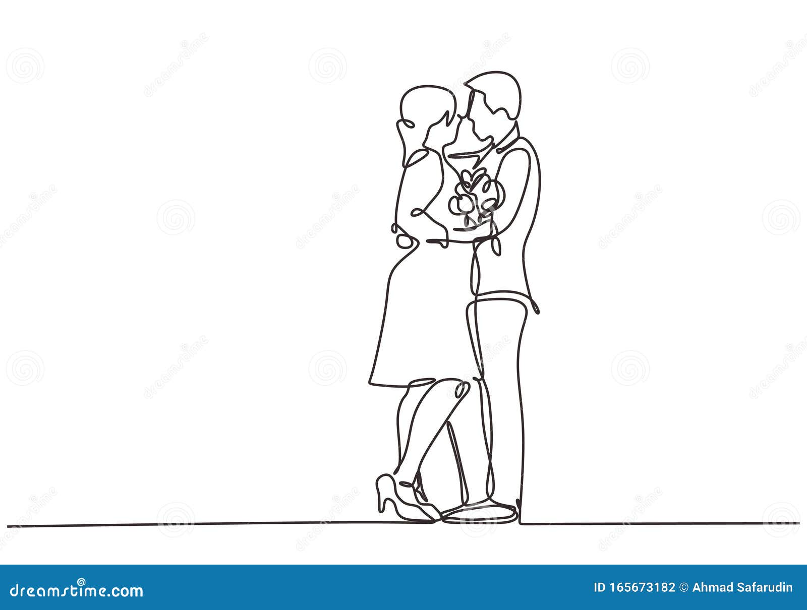 Illustration of line drawing of a happy and loving young couple. A romantic  man and woman embracing outdoor. Young couple loving during a romantic  getaway. Standing isolated on white background 6213399 Vector