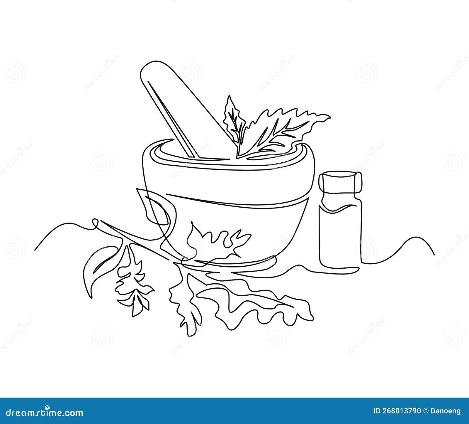 Continuous One Line Drawing of Mortar with Herbs . Simple Illustration