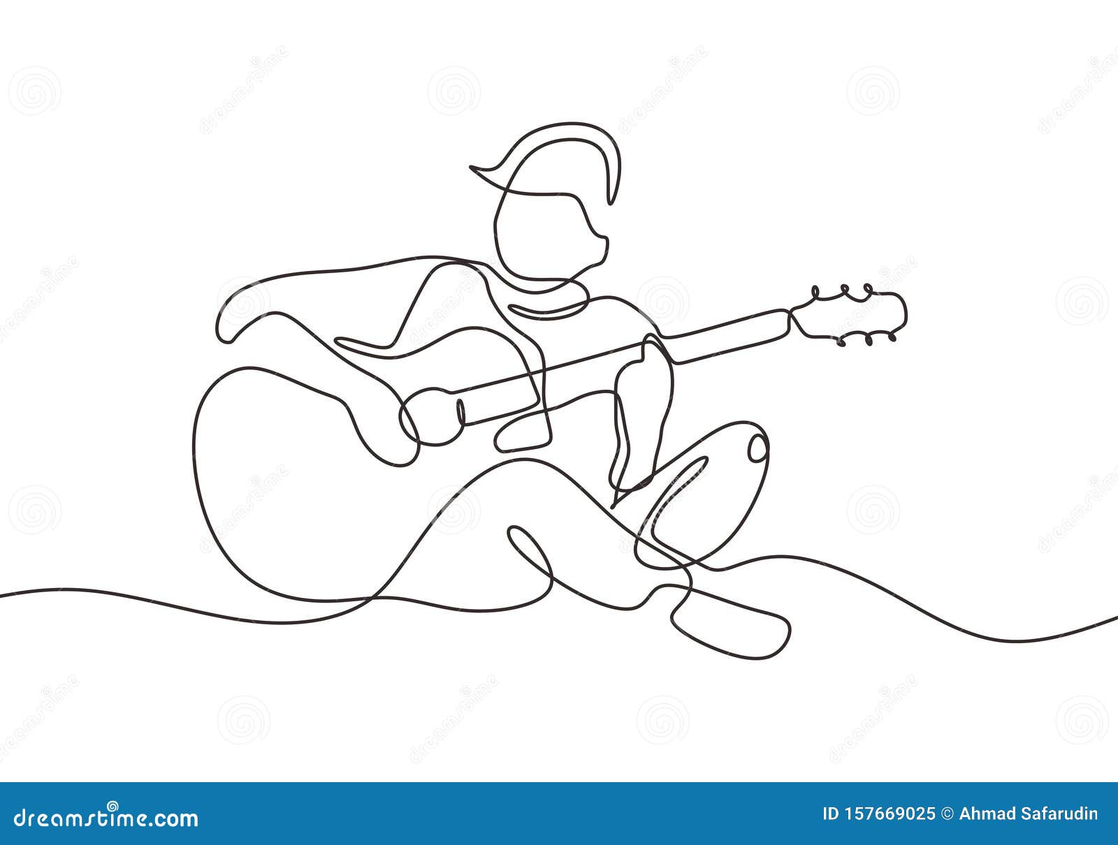 continuous one line drawing of person playing acoustic guitar instrument. guy sit and relax play song to make him happy in leisure
