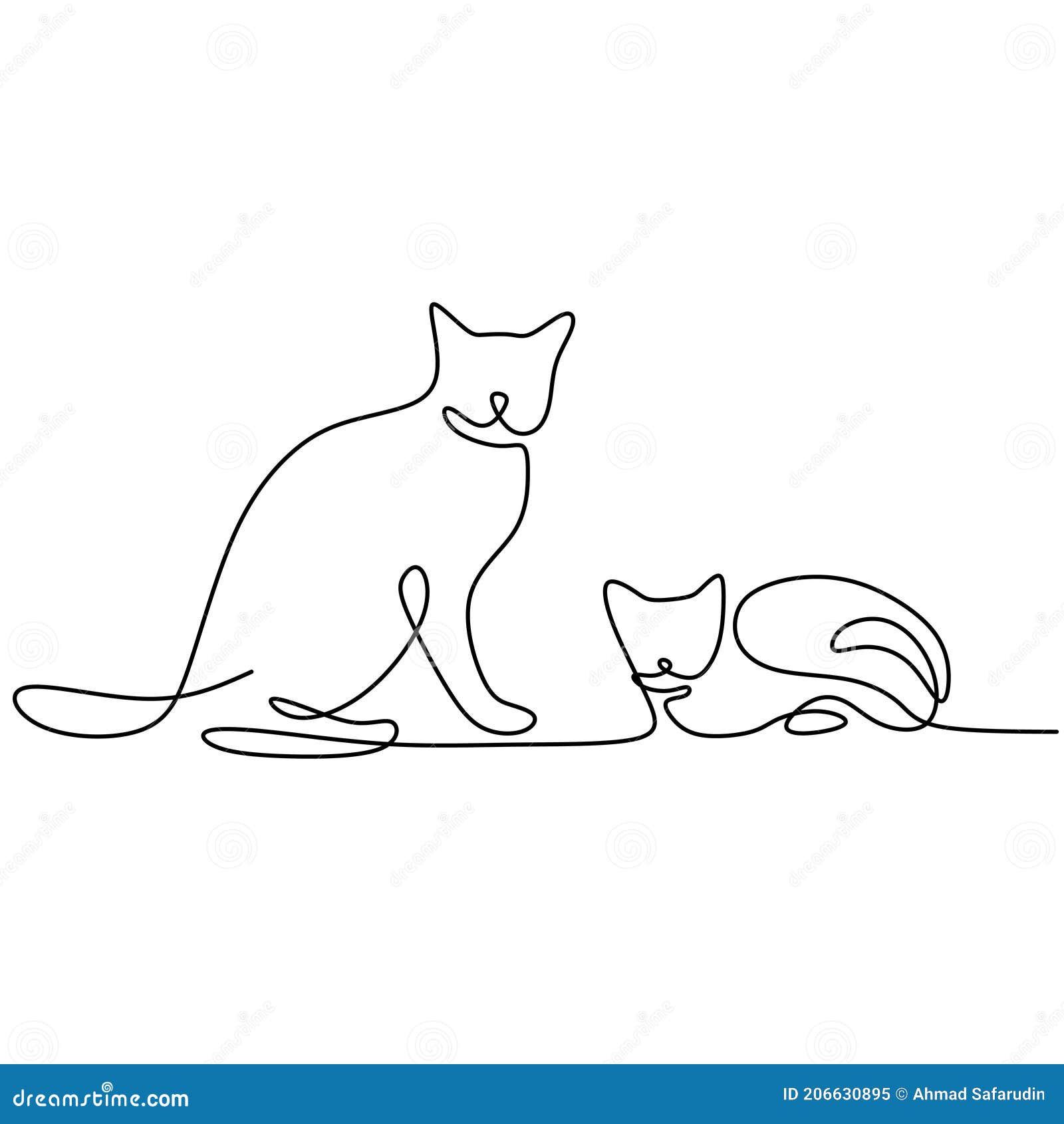 Continuous One Line Drawing of Two Cats in Minimalism Style. Cute