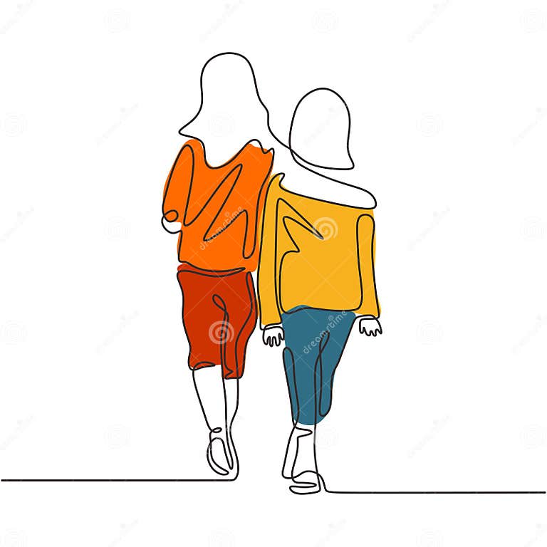 Continuous One Line Drawing of Two Girls Walking. Concept of Sisters
