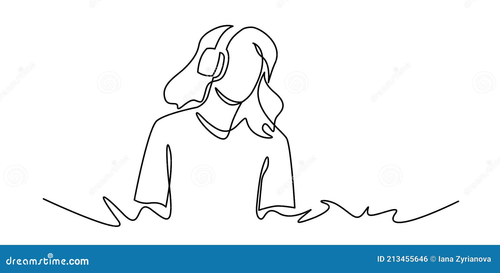 continuous one line drawing of young woman listens to music. dj girl with earphones. lifestyle teeanager clipart