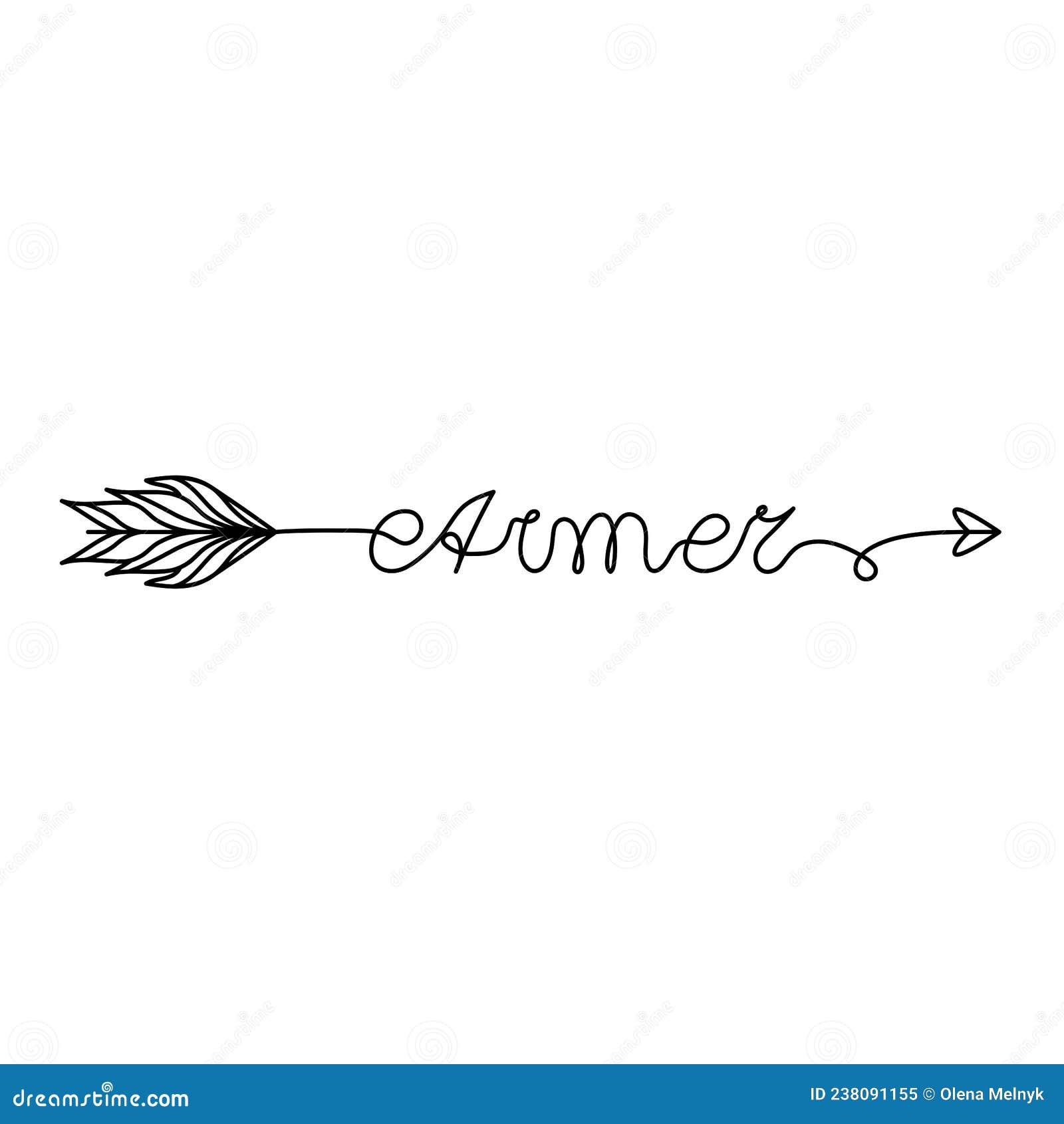 continuous one line lettering aimer love in french in the form of an arrow.   for poster, card, banner valentine