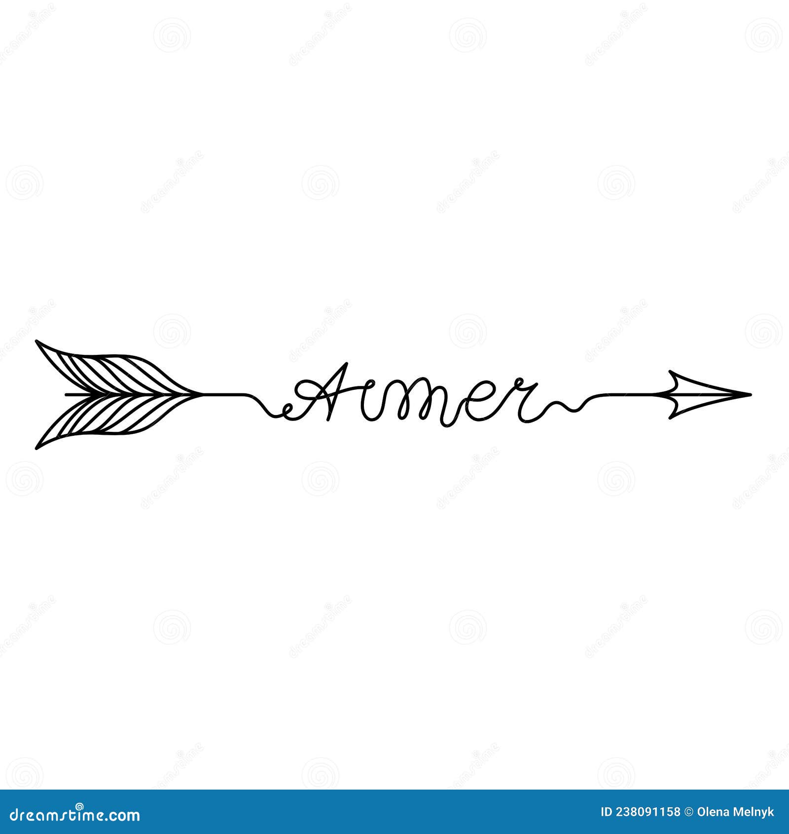 continuous one line lettering aimer love in french in the form of an arrow.   for poster, card, banner