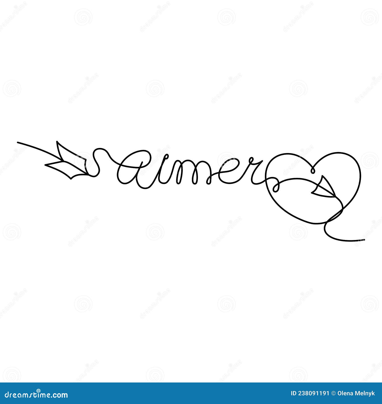 continuous one line lettering heart and aimer love in french in the form of an arrow.   for poster, card,