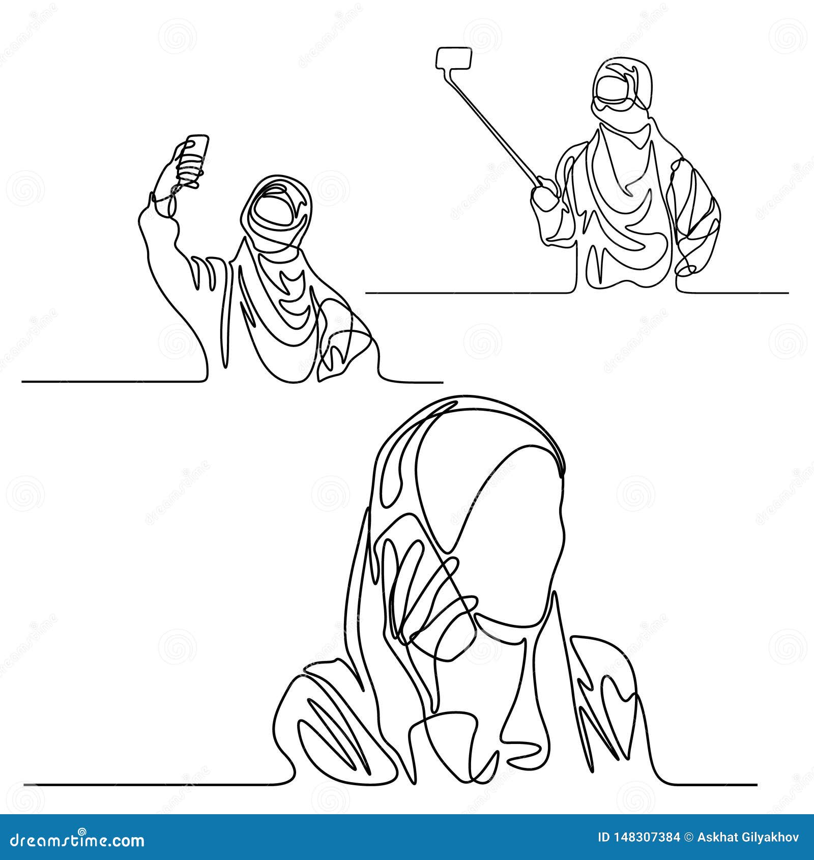 Continuous one line set muslim woman with phone doing selfie and talking