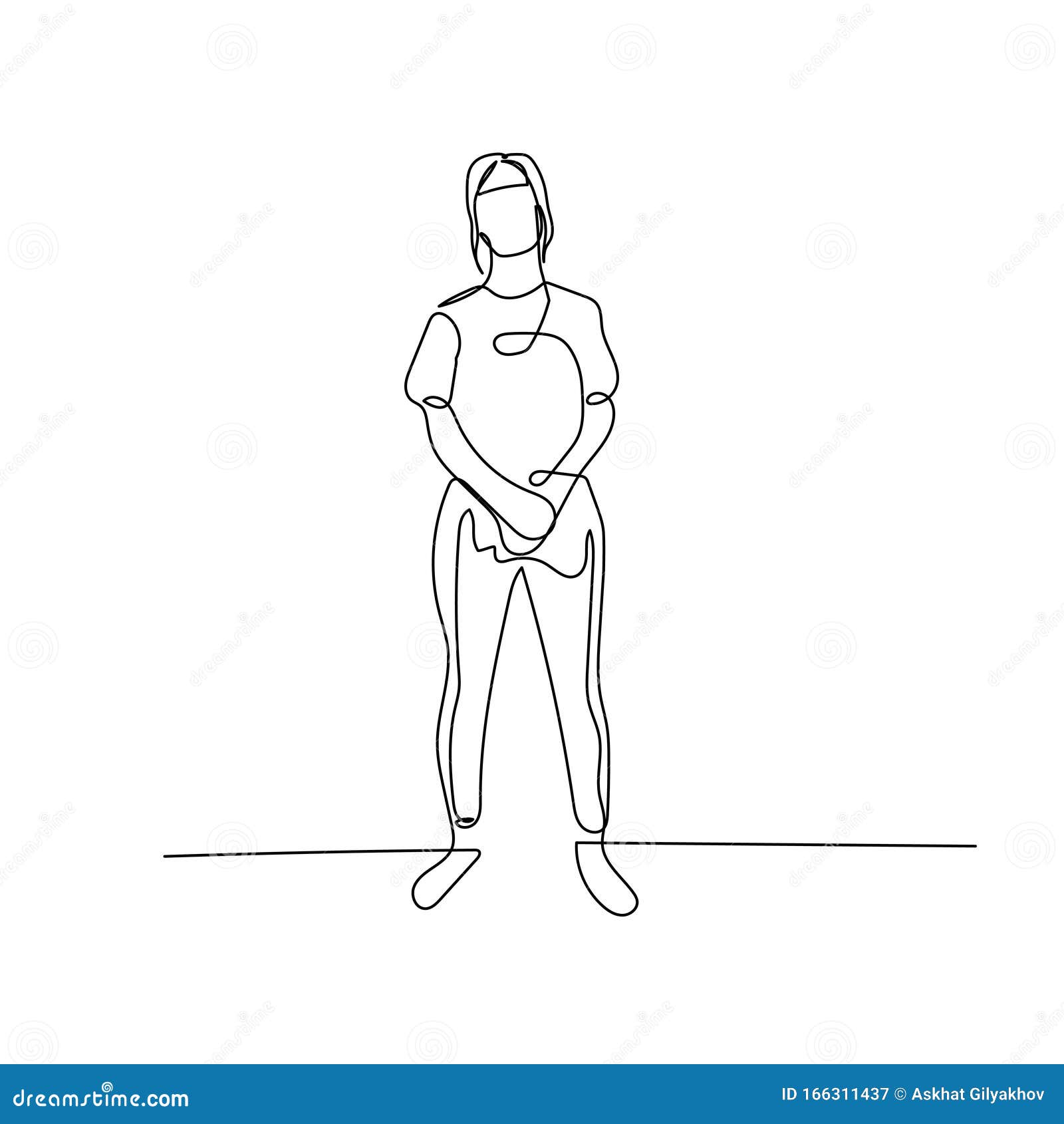 Continuous One Line Woman in a Closed Pose, Bodyguard Pose. Stock