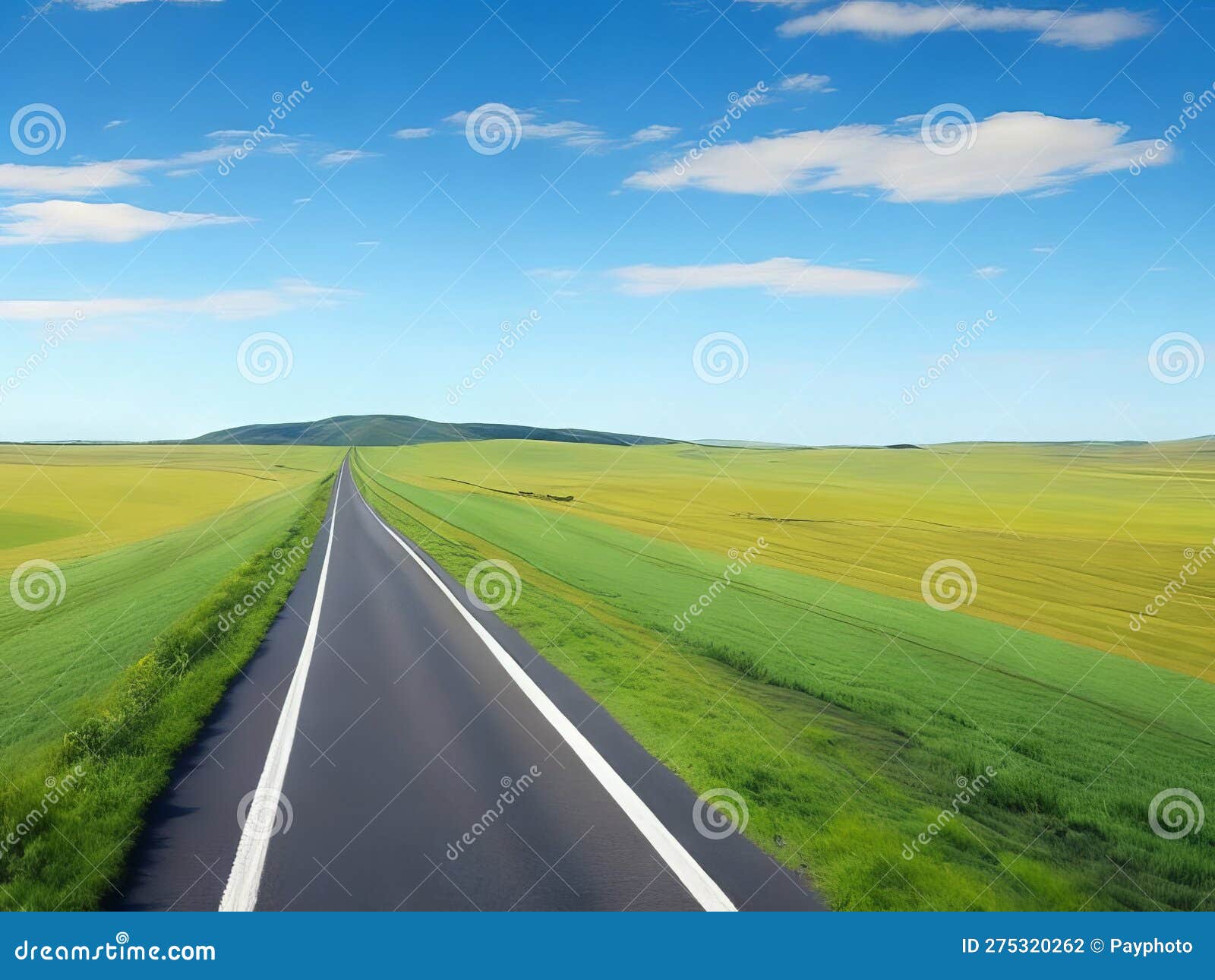 The Continuous Road Across Lush Grasslands. Stock Photo Image of
