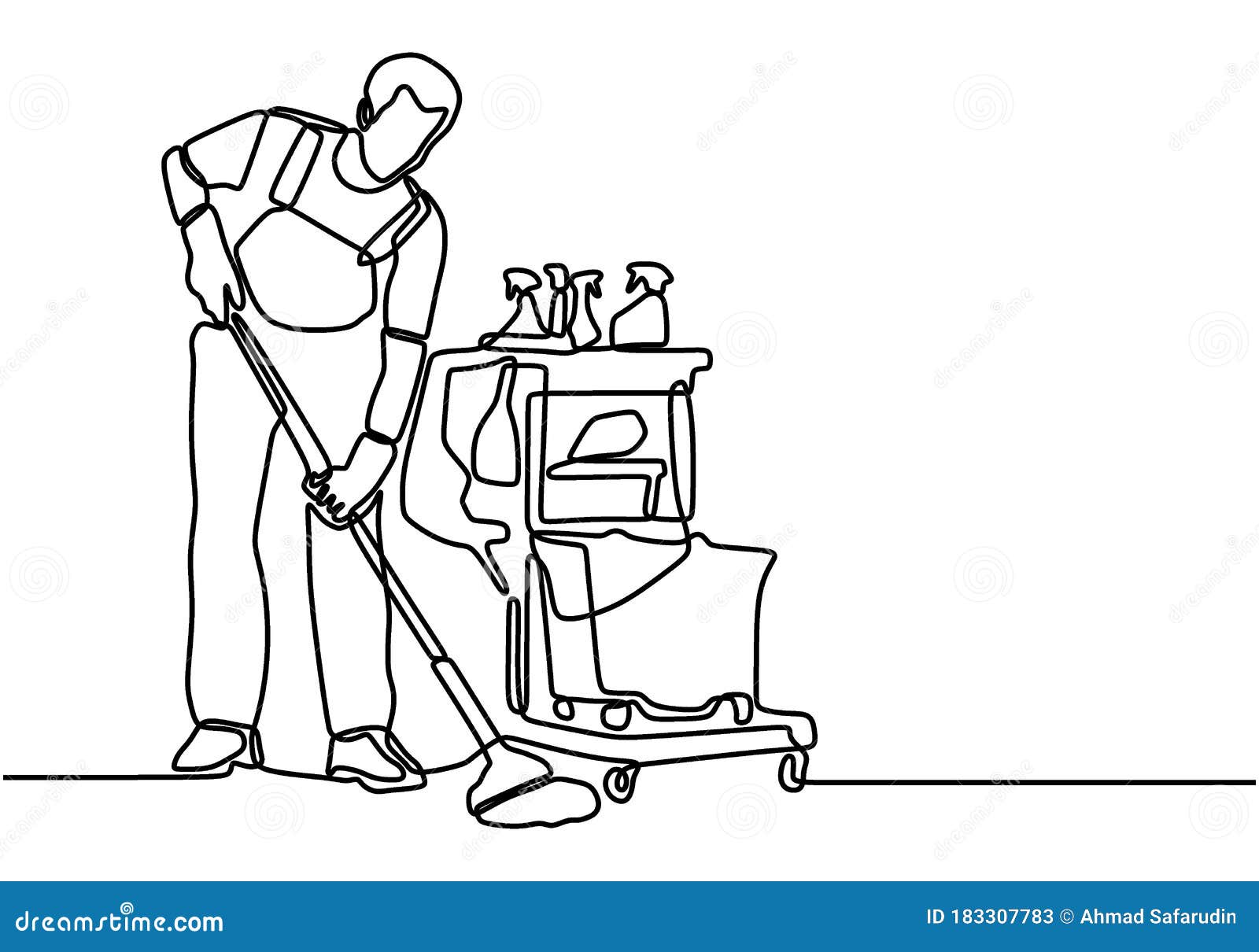 Continuous Single Drawn One Line Male Cleaner Washes the Floor. Man