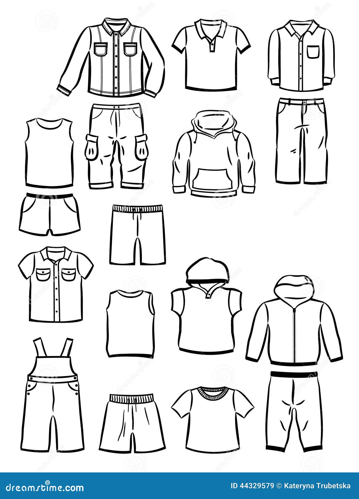 Sistema de contornos de la ropa para los niños pequeños aislados en el fondo blanco