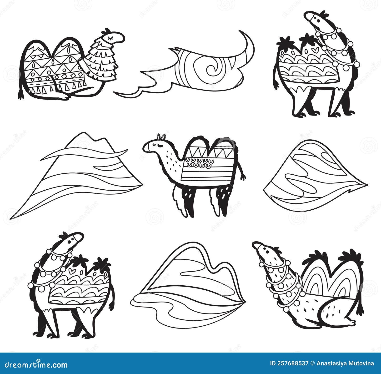 Contour Camels, Desert and Hills in Cartoon Tribal Styles Stock Vector