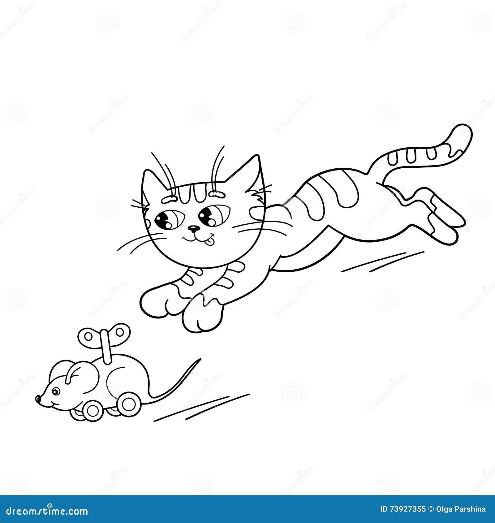 Contour de page de coloration de chat de bande dessinée jouant avec la souris de rouages de jouet Livre de coloriage pour des enf