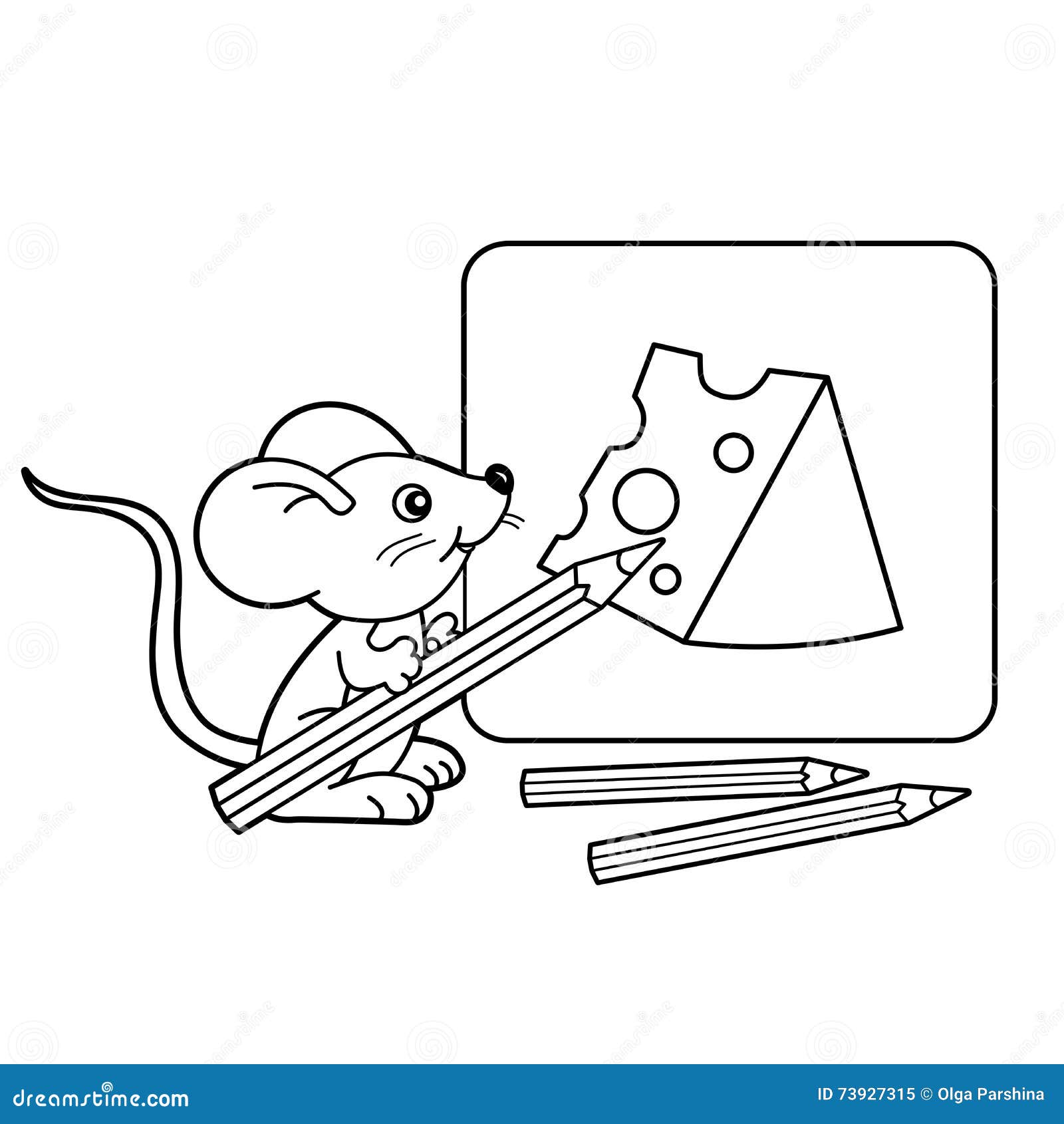 Contour de page de coloration de petite souris de bande dessinée avec des crayons avec du fromage de dessin Livre de coloriage po