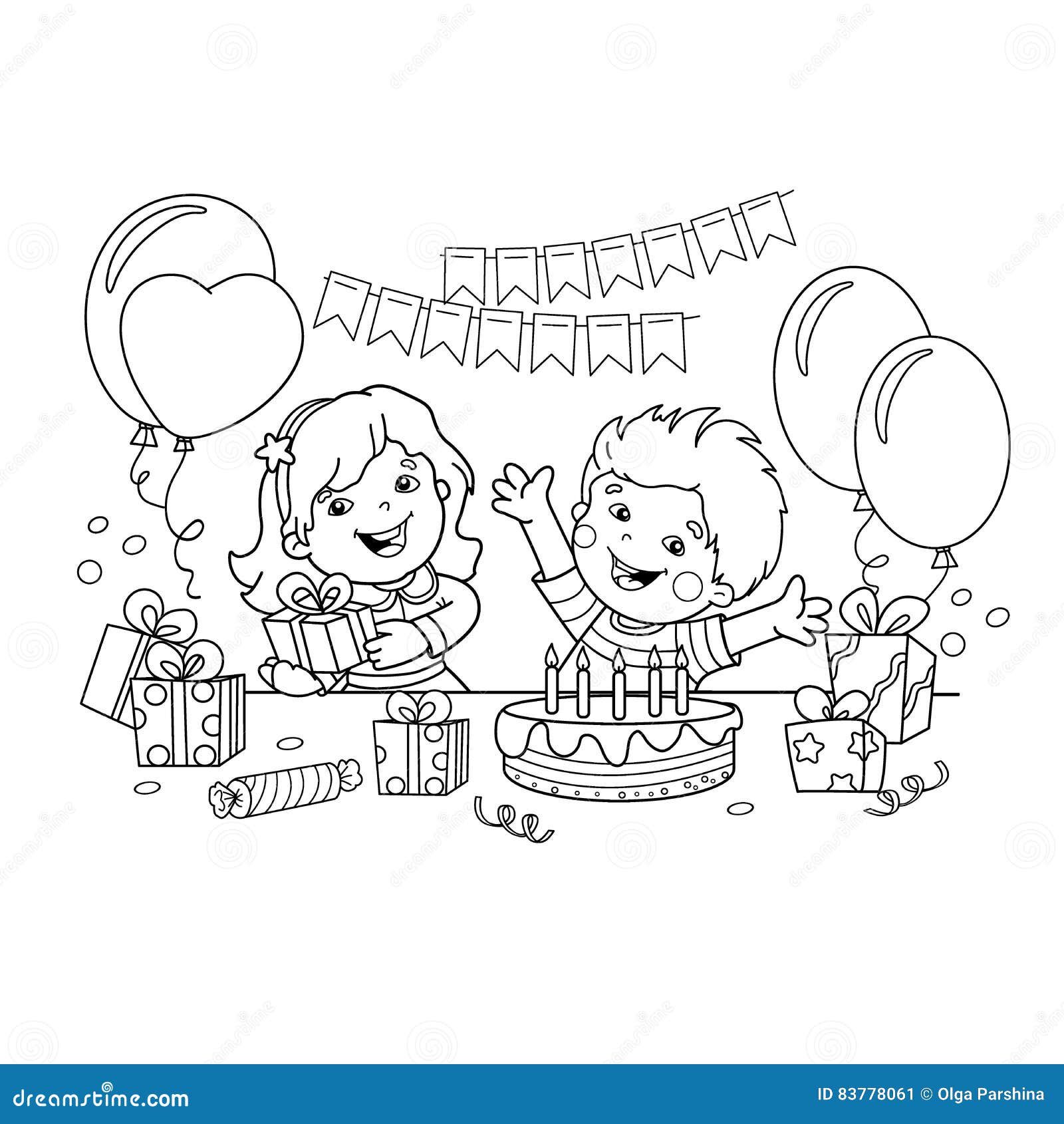 Contour de page de coloration des enfants avec cadeaux aux vacances Anniversaire Livre de coloriage pour des enfants Libre de droits