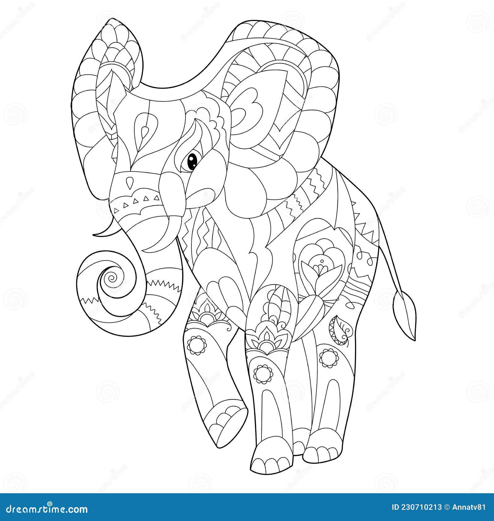 Contour Linear Illustration for Coloring Book with Decorative Elephant ...