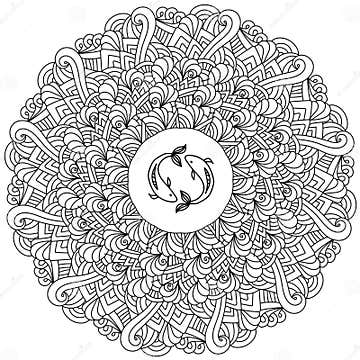 Contour Mandala with Triangles, Lines and Curls, Zodiac Sign Pisces in ...