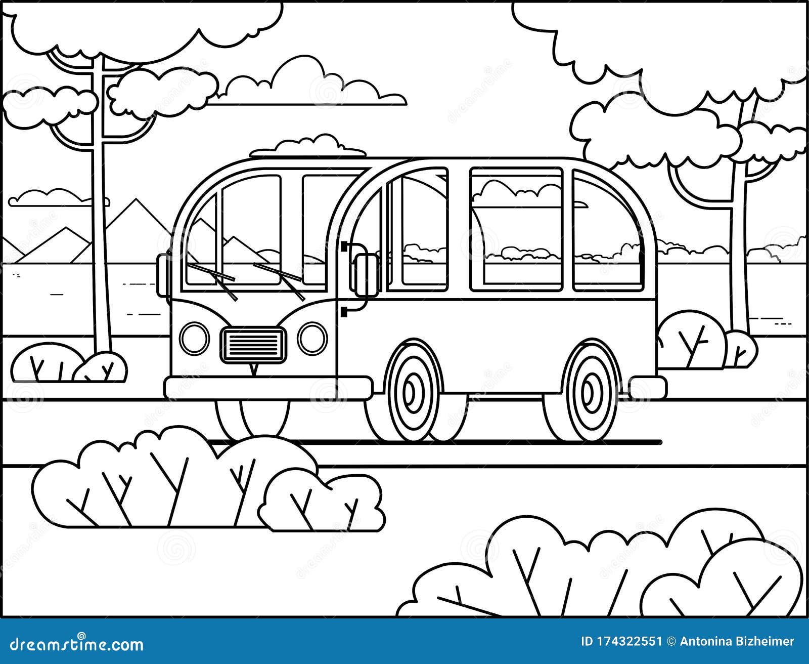 Contour Minivan For Coloring Book Page; Stylized Retro Minivan On The