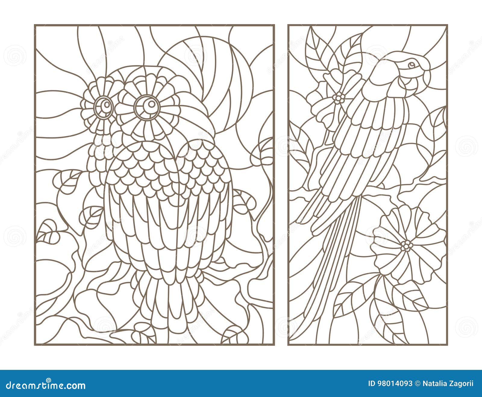 contour set with s of stained glass birds the owl and parrot on the branches of trees