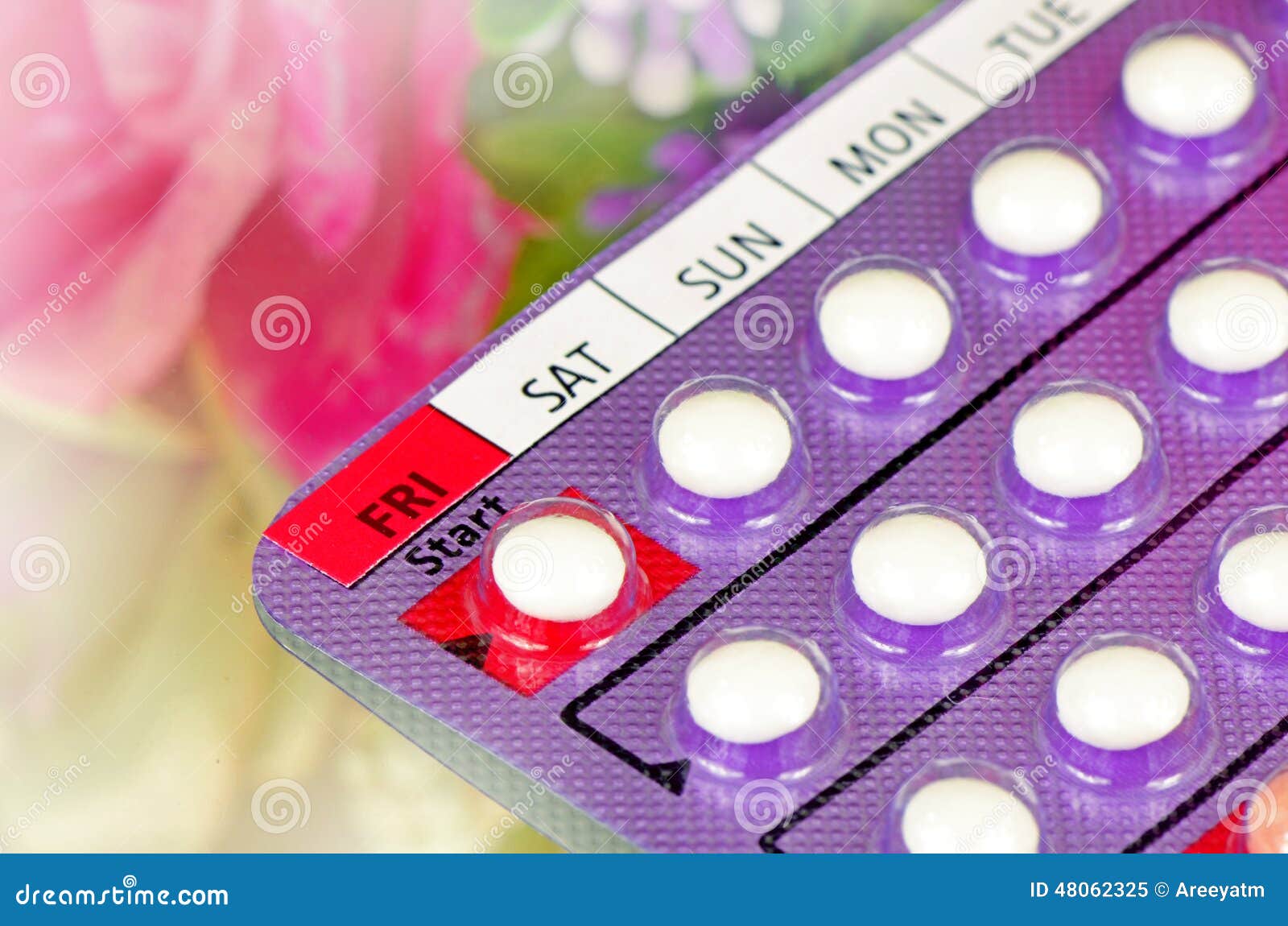 Contraceptive Pill with English Instructions on Soft Floral Background