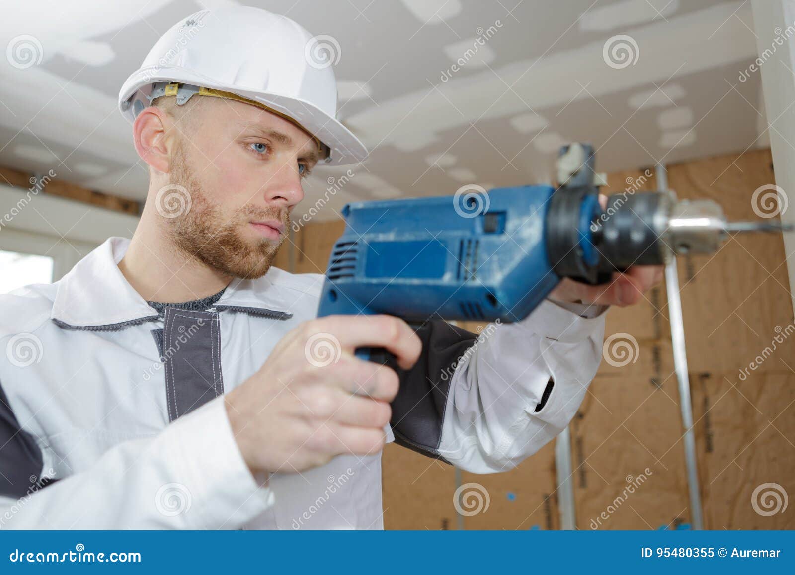 Contractor Uses Hammer Drill To Drill Concrete Wall Stock Image Image