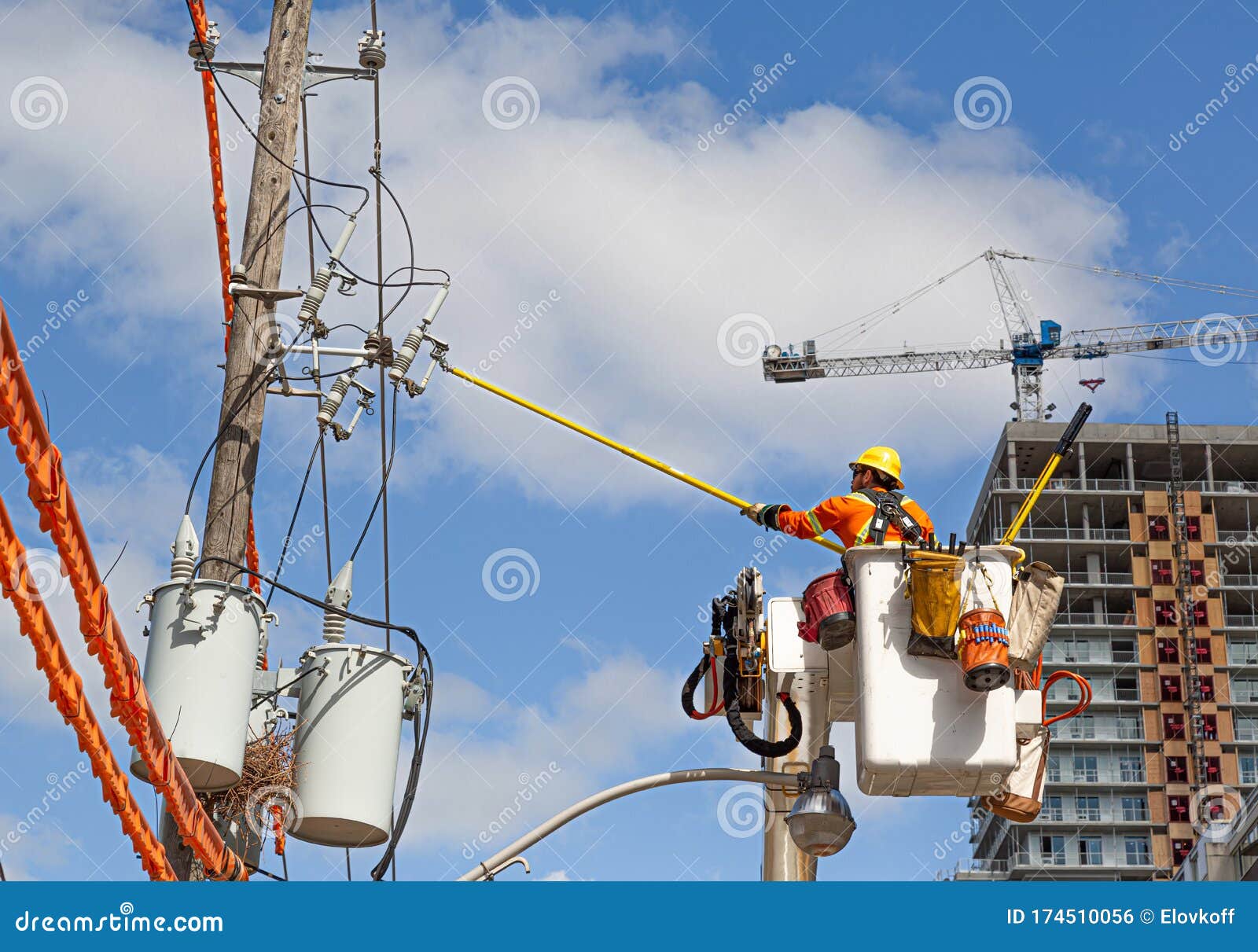 Contractor at Work Fixing Electric Lines Editorial Photo Image of