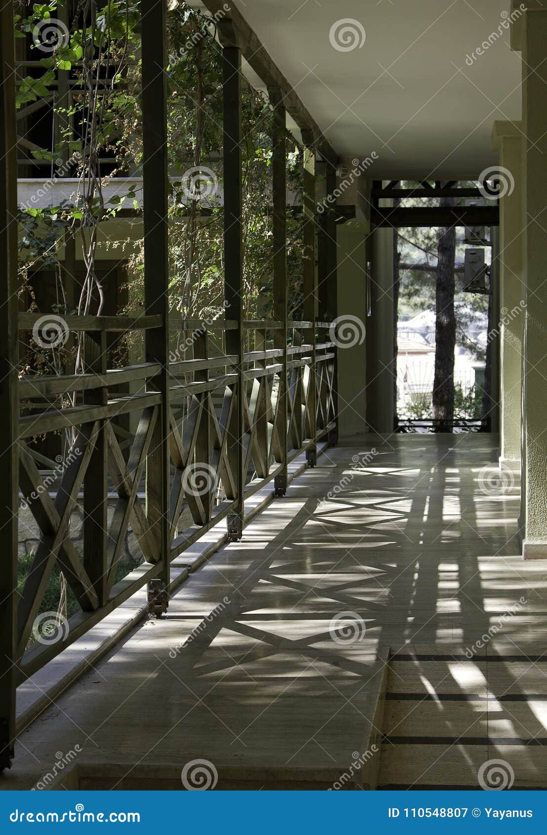 Covered Walkway the House in a Sunny Resort. Light and Shadow, a Beautiful Pattern of Shadows. Contrast. - Image of shadows, geometric: 110548807