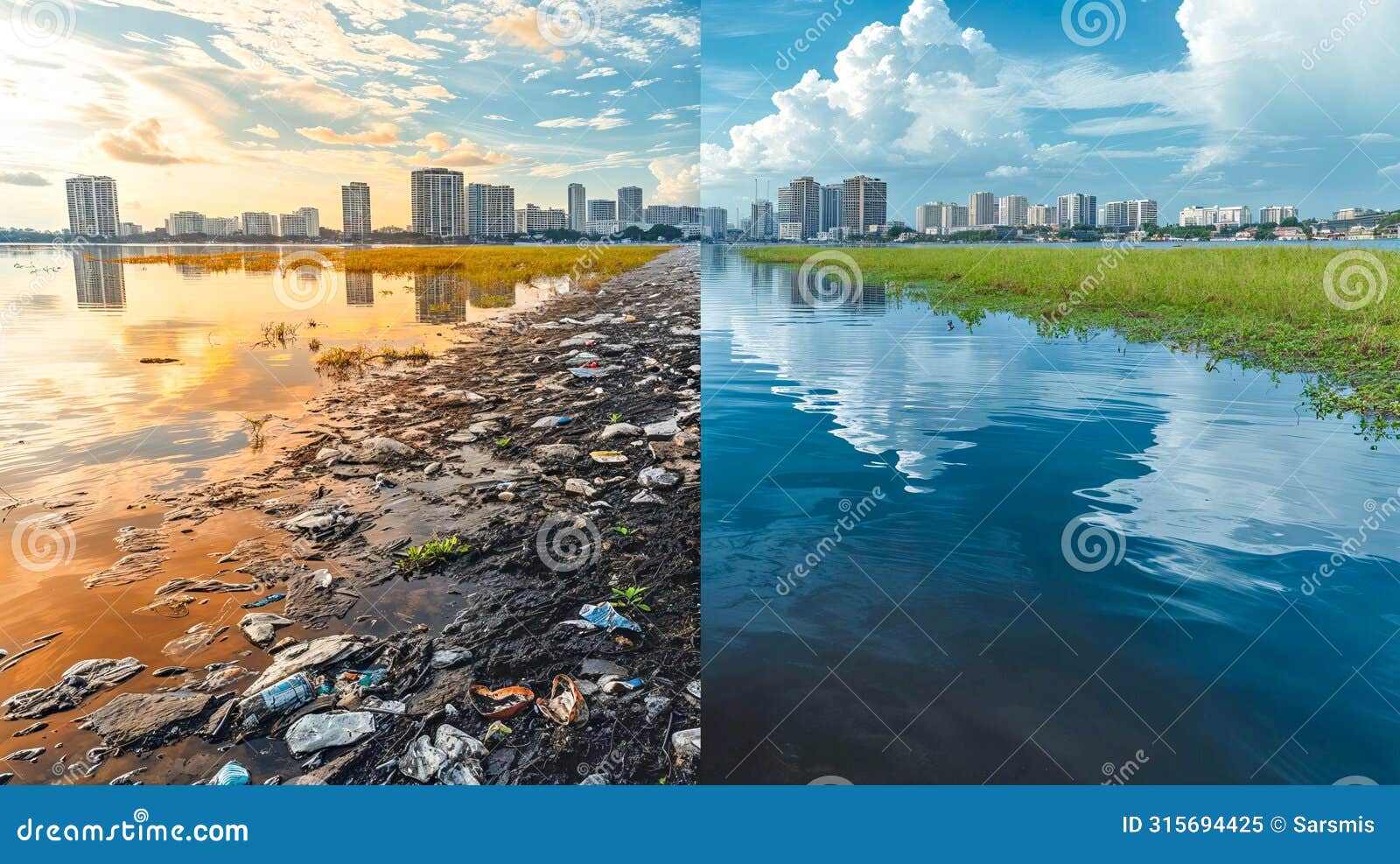contrast of pollution and cleanliness in urban water bodies