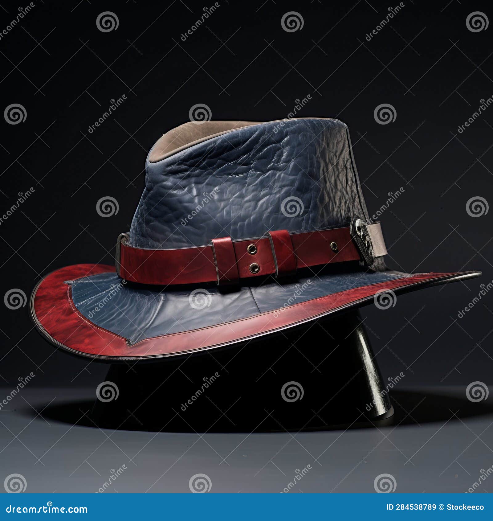 contrasting blue and red leather hat with tonalism style